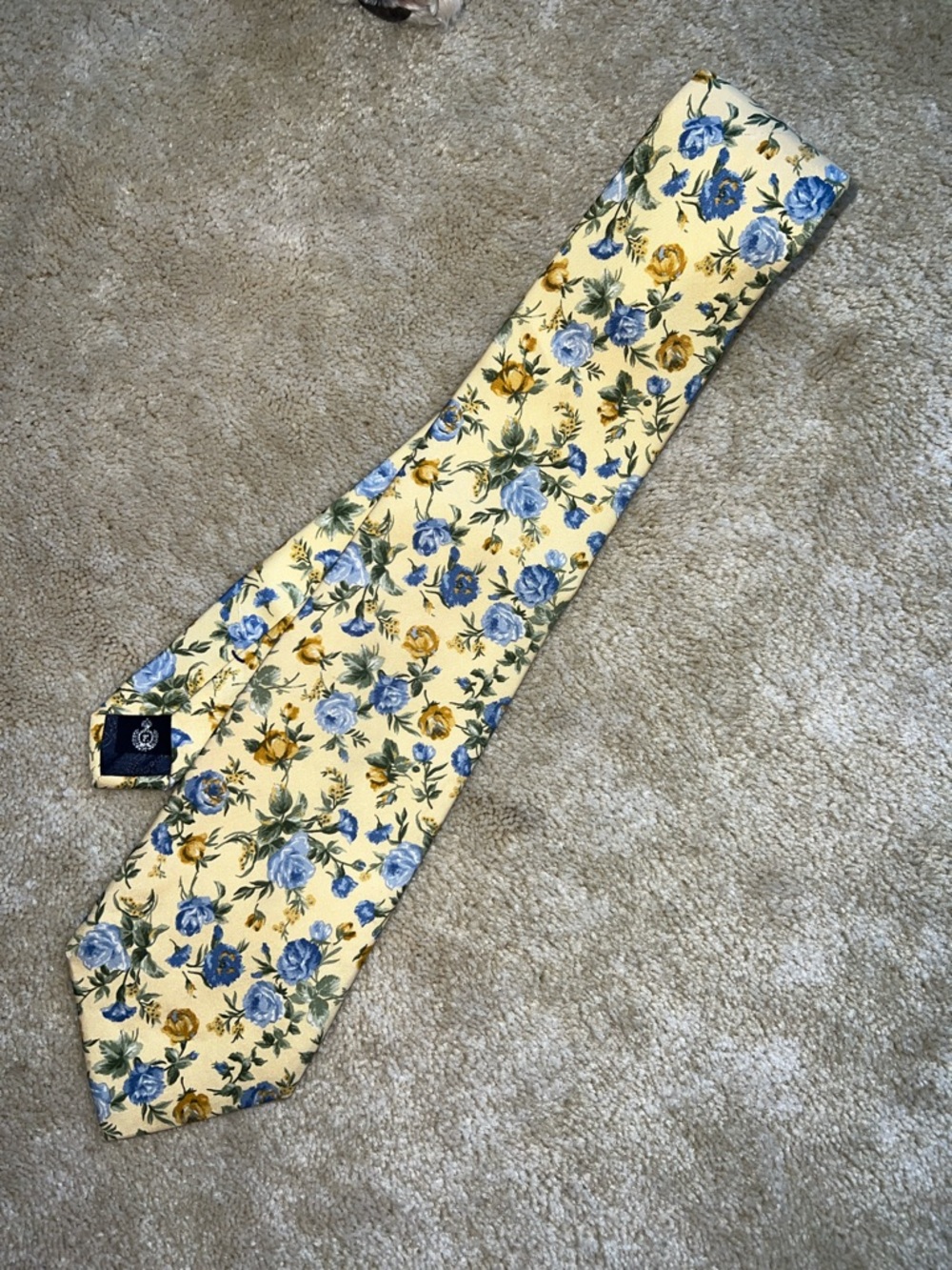 Faconnable Yellow 💯 Silk Tie with Blue & Mustard Floral Print